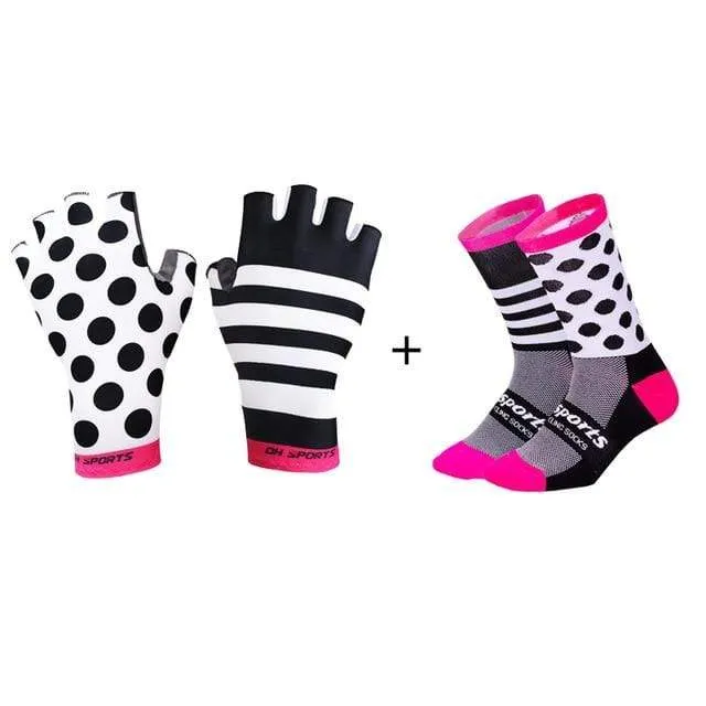 Stilvolle Fahrradhandschuhe Halbfinger Herren Damen Sport stoßfeste Fahrradhandschuhe GEL Racing Fahrradhandschuhe mit Radsocken Kappenset