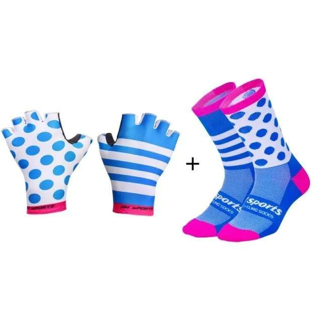 Stilvolle Fahrradhandschuhe Halbfinger Herren Damen Sport stoßfeste Fahrradhandschuhe GEL Racing Fahrradhandschuhe mit Radsocken Kappenset