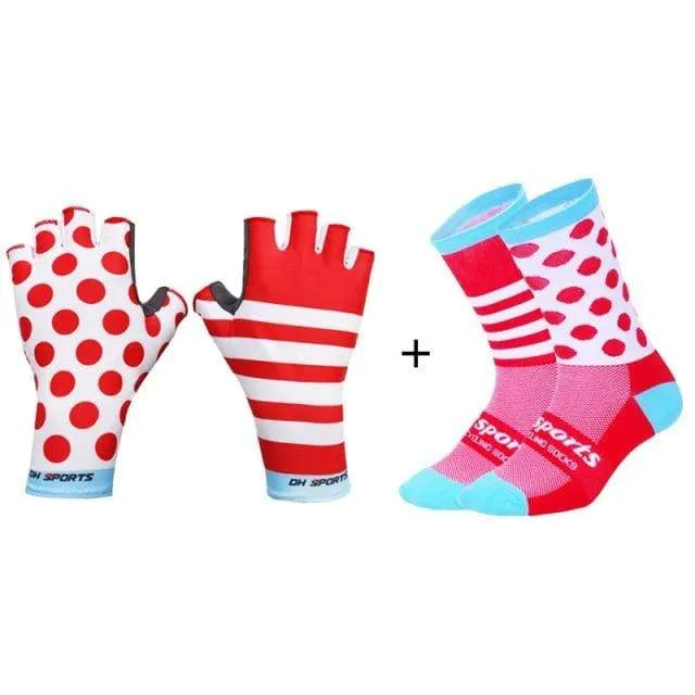 Stilvolle Fahrradhandschuhe Halbfinger Herren Damen Sport stoßfeste Fahrradhandschuhe GEL Racing Fahrradhandschuhe mit Radsocken Kappenset