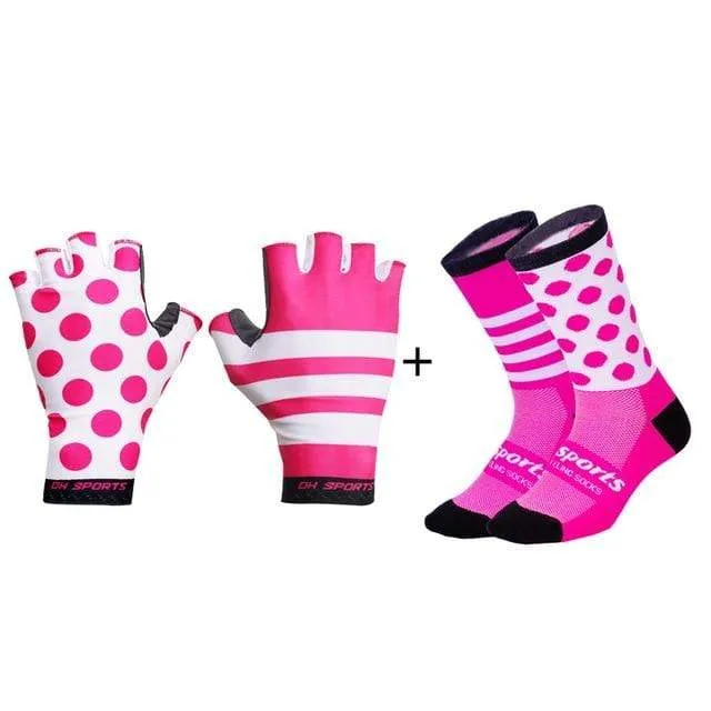 Stilvolle Fahrradhandschuhe Halbfinger Herren Damen Sport stoßfeste Fahrradhandschuhe GEL Racing Fahrradhandschuhe mit Radsocken Kappenset