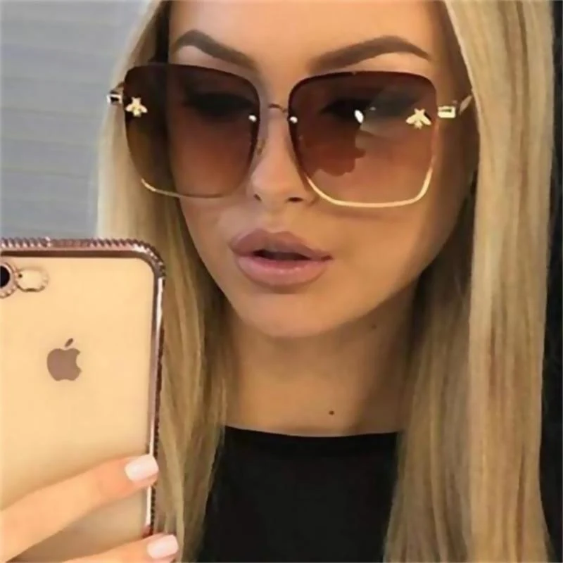 Lady Oversize Randlose Quadratische Biene Sonnenbrille Frauen Männer Kleine Biene Brille Farbverlauf Sonnenbrille Weiblich UV400