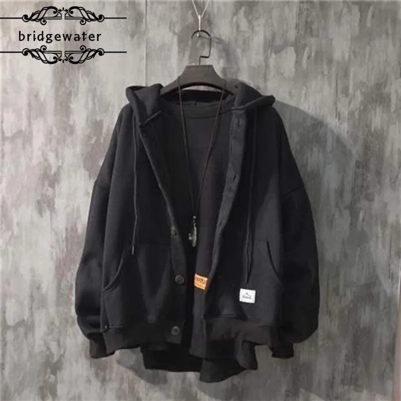 Herbst Winter Neue Sweatshirt Männer Lose Knöpfe Student Hoodies Alle-Match Plus Samt Dicke Casual Solide Farbe