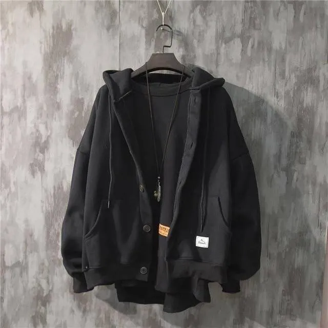 Herbst Winter Neue Sweatshirt Männer Lose Knöpfe Student Hoodies Alle-Match Plus Samt Dicke Casual Solide Farbe