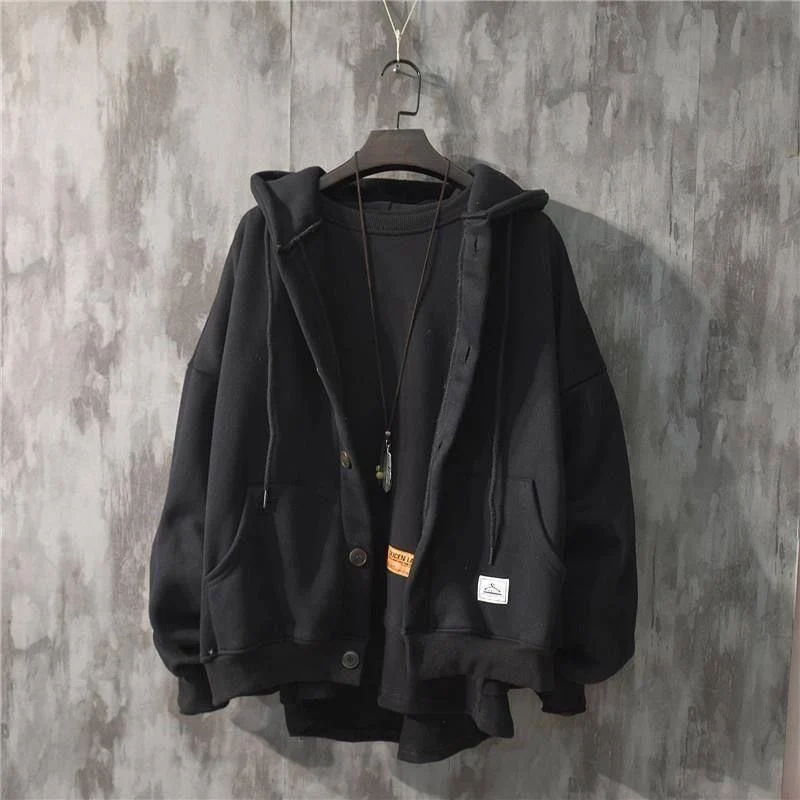 Herbst Winter Neue Sweatshirt Männer Lose Knöpfe Student Hoodies Alle-Match Plus Samt Dicke Casual Solide Farbe