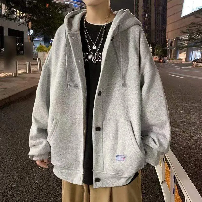 Herbst Winter Neue Sweatshirt Männer Lose Knöpfe Student Hoodies Alle-Match Plus Samt Dicke Casual Solide Farbe