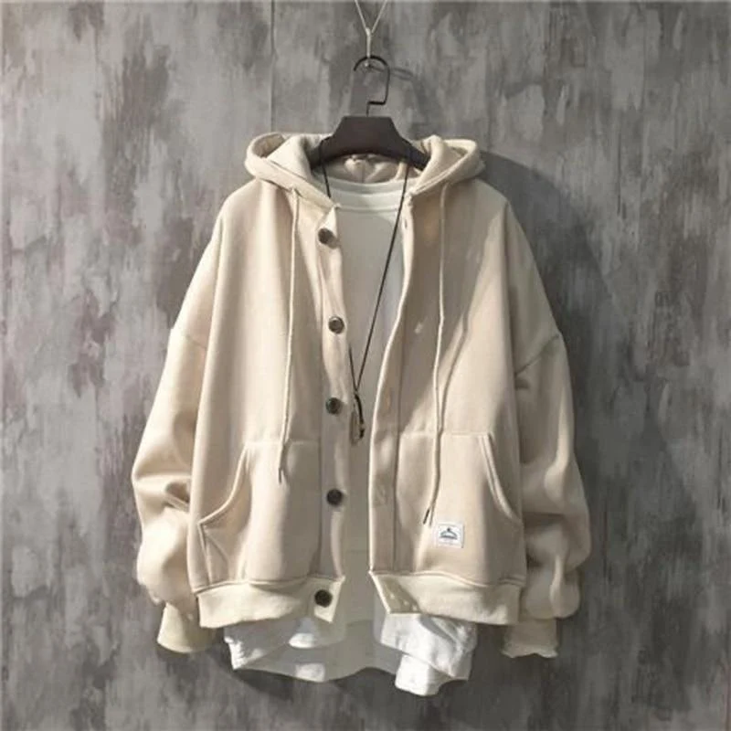 Herbst Winter Neue Sweatshirt Männer Lose Knöpfe Student Hoodies Alle-Match Plus Samt Dicke Casual Solide Farbe