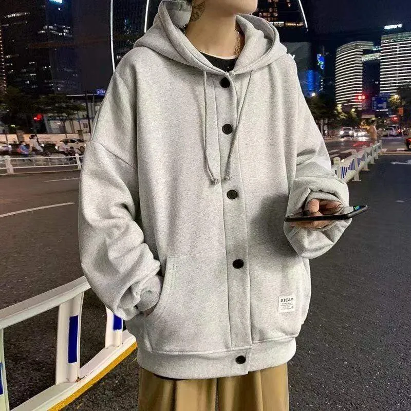 Herbst Winter Neue Sweatshirt Männer Lose Knöpfe Student Hoodies Alle-Match Plus Samt Dicke Casual Solide Farbe