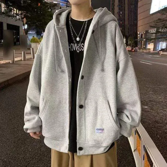Herbst Winter Neue Sweatshirt Männer Lose Knöpfe Student Hoodies Alle-Match Plus Samt Dicke Casual Solide Farbe