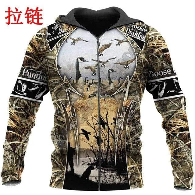 Gänsejagd 3D Rundum Bedruckter Herren Hoodie Unisex Deluxe Sweatshirt Reißverschluss Pullover Freizeitjacke Trainingsanzug KJ358
