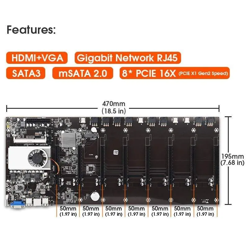 Riserless-Mining-Motherboard mit 8 GPU, Bitcoin, Krypto, Etherum-Mining, unterstützt 1066/1333/1600 MHz