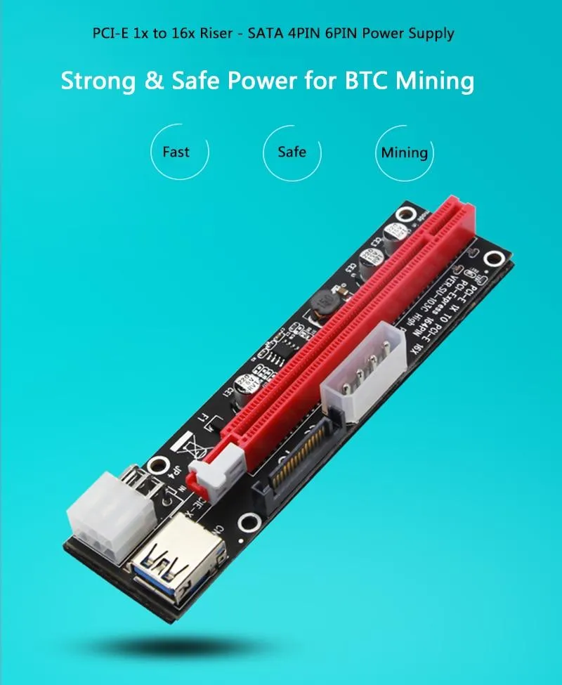 4-poliger 6-poliger SATA Power PCI Express 16X-Steckplatz-Riser-Karte USB 3.0 PCI-E PCI-Express 1x bis 16x PCIE-Riser für Bitcoin BTC Miner Mining