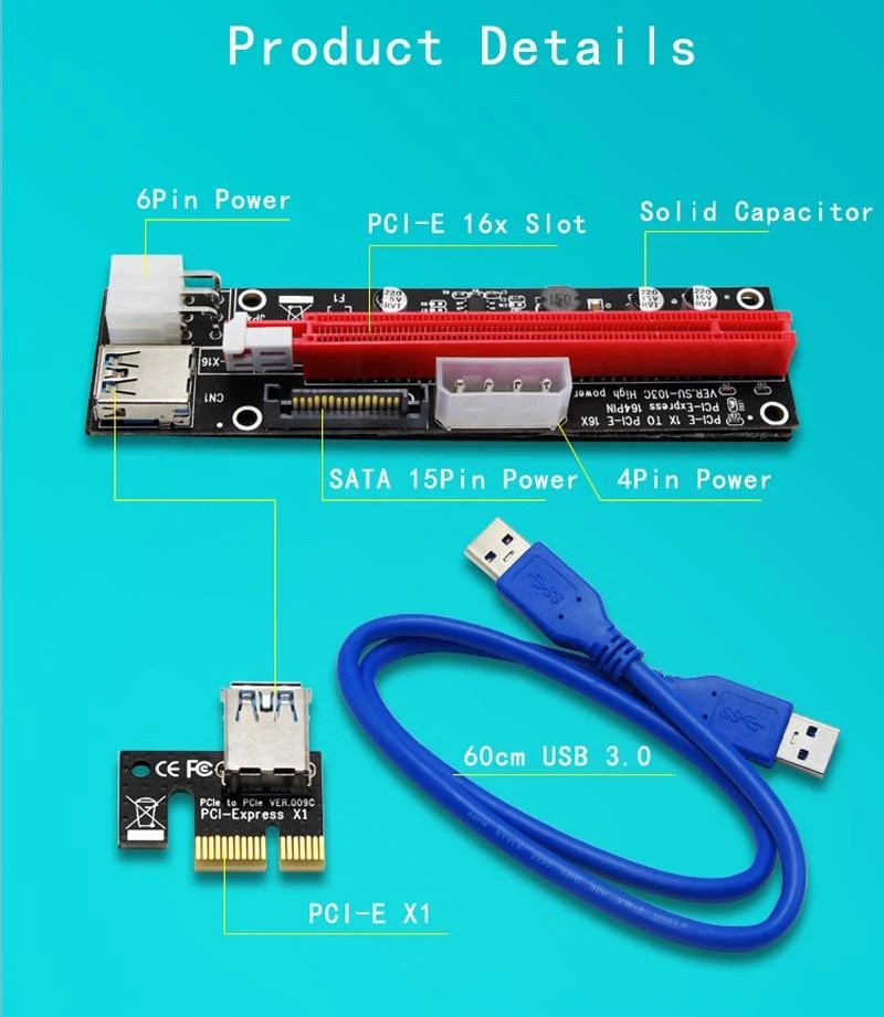 4-poliger 6-poliger SATA Power PCI Express 16X-Steckplatz-Riser-Karte USB 3.0 PCI-E PCI-Express 1x bis 16x PCIE-Riser für Bitcoin BTC Miner Mining