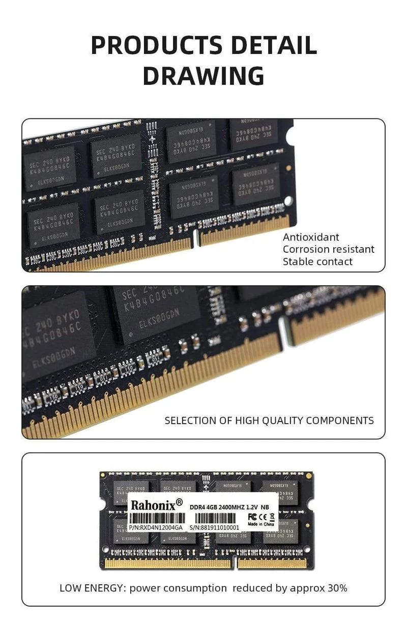 DDR4-Laptop-Speicher RAM 8GB 16GB 2400 2666MHz Speicher 4GB 2133 2400MHz Sodimm Rahonix DDR4 Notebook Memoria Hohe Leistung