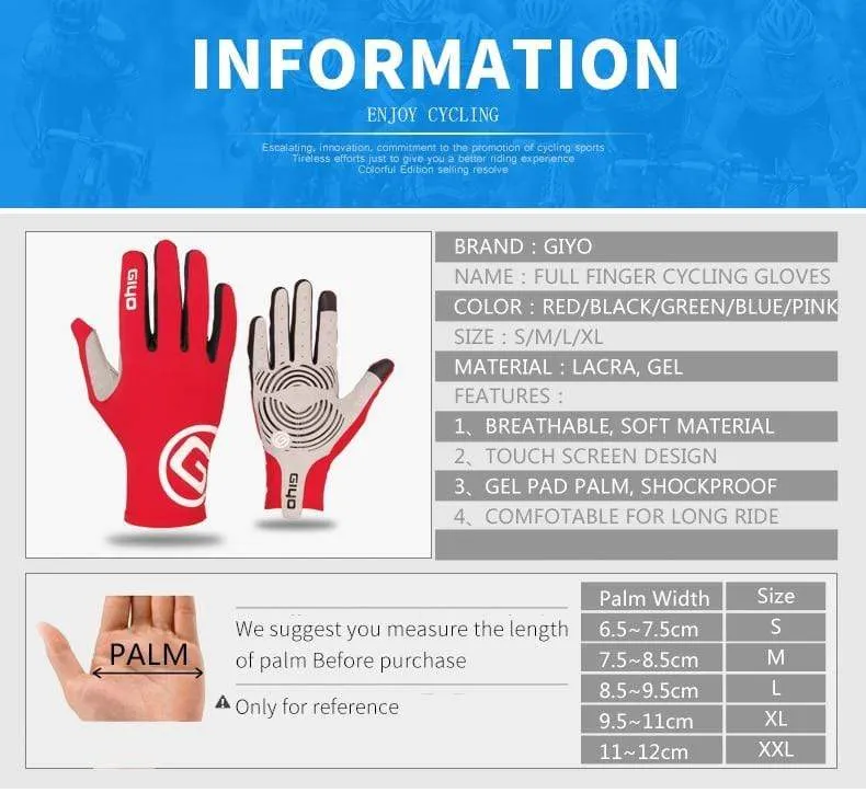 Fahrradhandschuhe, lang, mit vollen Fingern, Sport-Touchscreen, Gel, Sport, Damen und Herren, Sommer, Langfingerhandschuhe, MTB, Rennrad