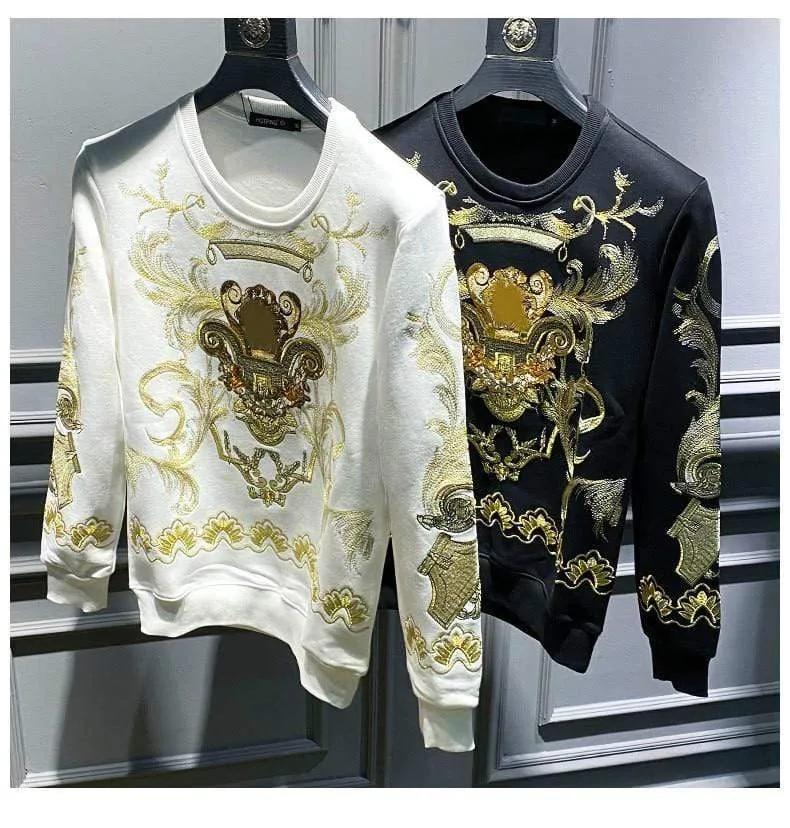 Stickerei Sweat Homme für Männer Schwarz Gold Print Hoodie Männer Frühling Persönlichkeit Barock Streetwear Trend Sweatshirts Männer