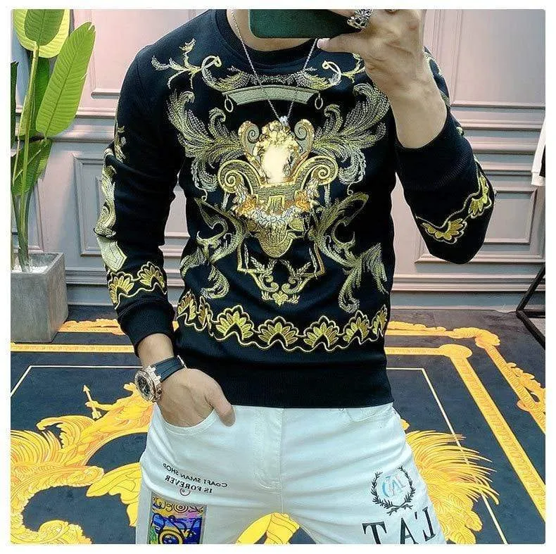 Stickerei Sweat Homme für Männer Schwarz Gold Print Hoodie Männer Frühling Persönlichkeit Barock Streetwear Trend Sweatshirts Männer