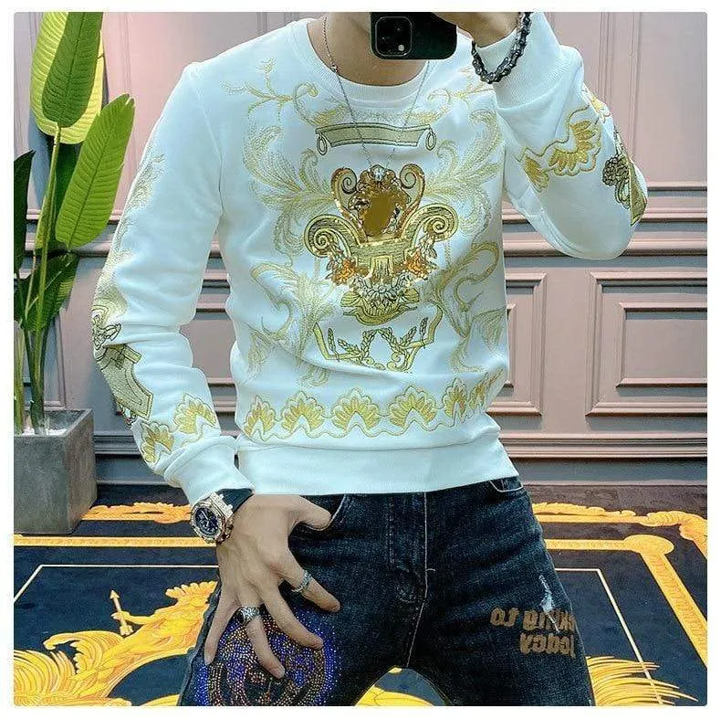 Stickerei Sweat Homme für Männer Schwarz Gold Print Hoodie Männer Frühling Persönlichkeit Barock Streetwear Trend Sweatshirts Männer