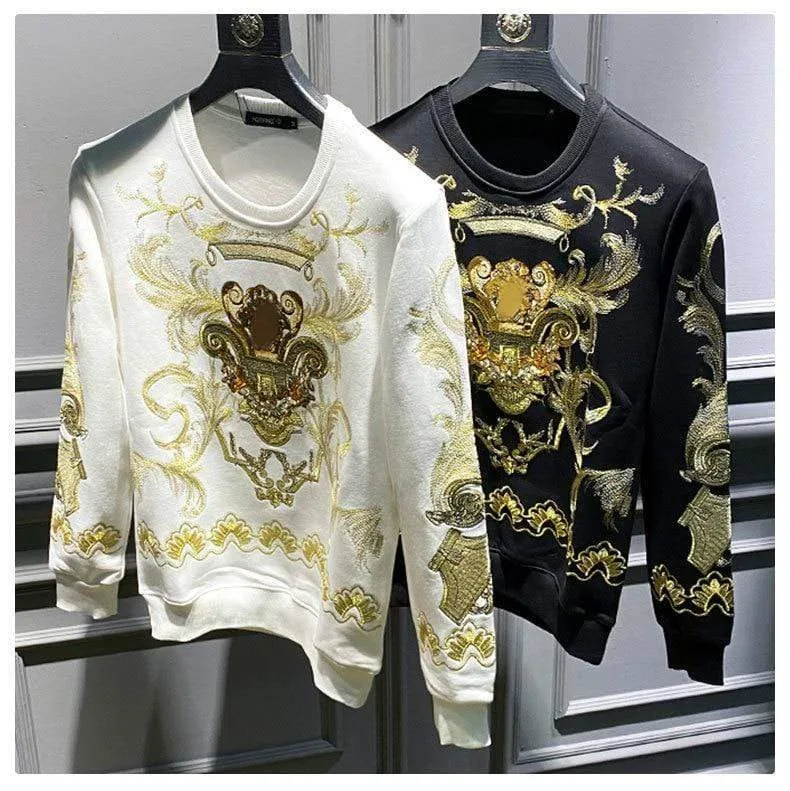 Stickerei Sweat Homme für Männer Schwarz Gold Print Hoodie Männer Frühling Persönlichkeit Barock Streetwear Trend Sweatshirts Männer