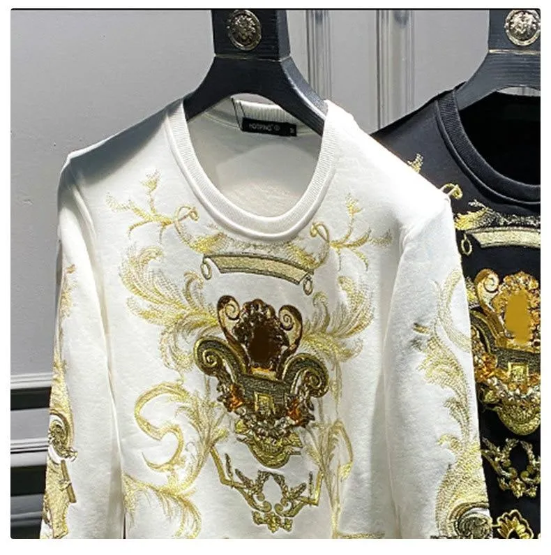 Stickerei Sweat Homme für Männer Schwarz Gold Print Hoodie Männer Frühling Persönlichkeit Barock Streetwear Trend Sweatshirts Männer