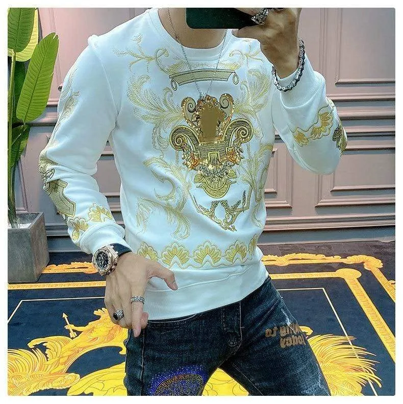 Stickerei Sweat Homme für Männer Schwarz Gold Print Hoodie Männer Frühling Persönlichkeit Barock Streetwear Trend Sweatshirts Männer