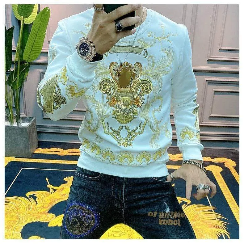 Stickerei Sweat Homme für Männer Schwarz Gold Print Hoodie Männer Frühling Persönlichkeit Barock Streetwear Trend Sweatshirts Männer