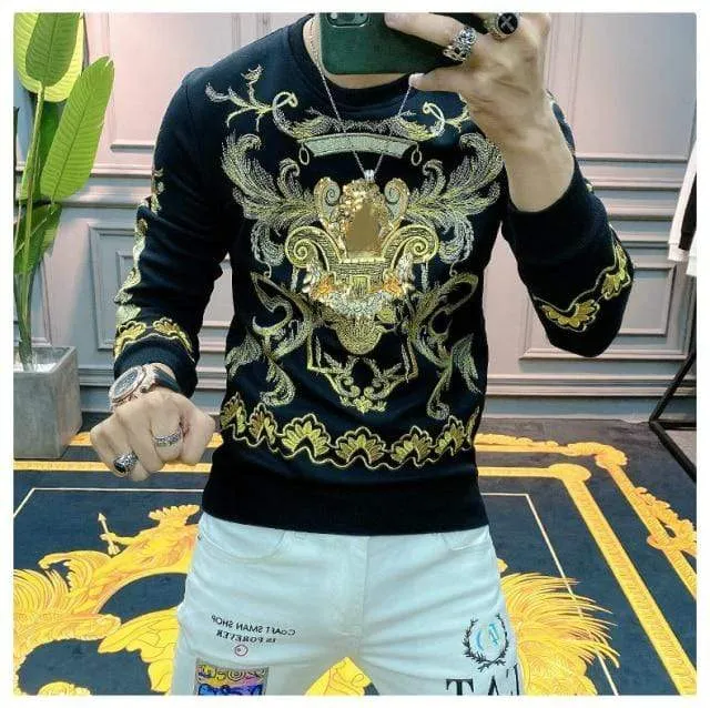 Stickerei Sweat Homme für Männer Schwarz Gold Print Hoodie Männer Frühling Persönlichkeit Barock Streetwear Trend Sweatshirts Männer