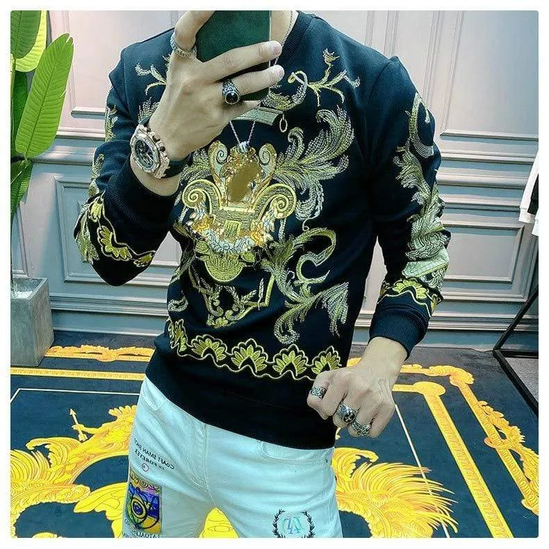 Stickerei Sweat Homme für Männer Schwarz Gold Print Hoodie Männer Frühling Persönlichkeit Barock Streetwear Trend Sweatshirts Männer