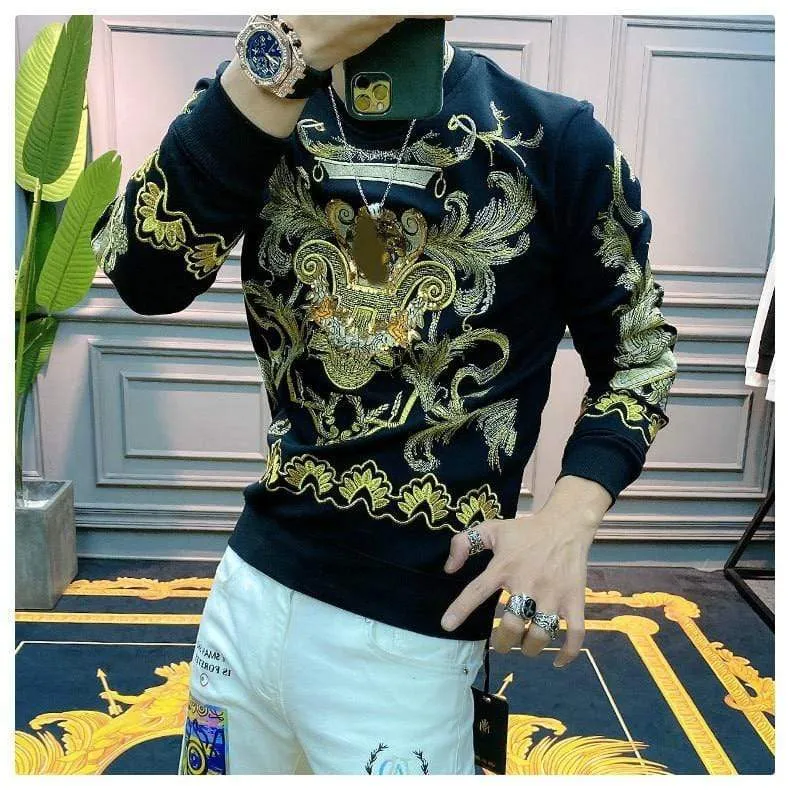 Stickerei Sweat Homme für Männer Schwarz Gold Print Hoodie Männer Frühling Persönlichkeit Barock Streetwear Trend Sweatshirts Männer
