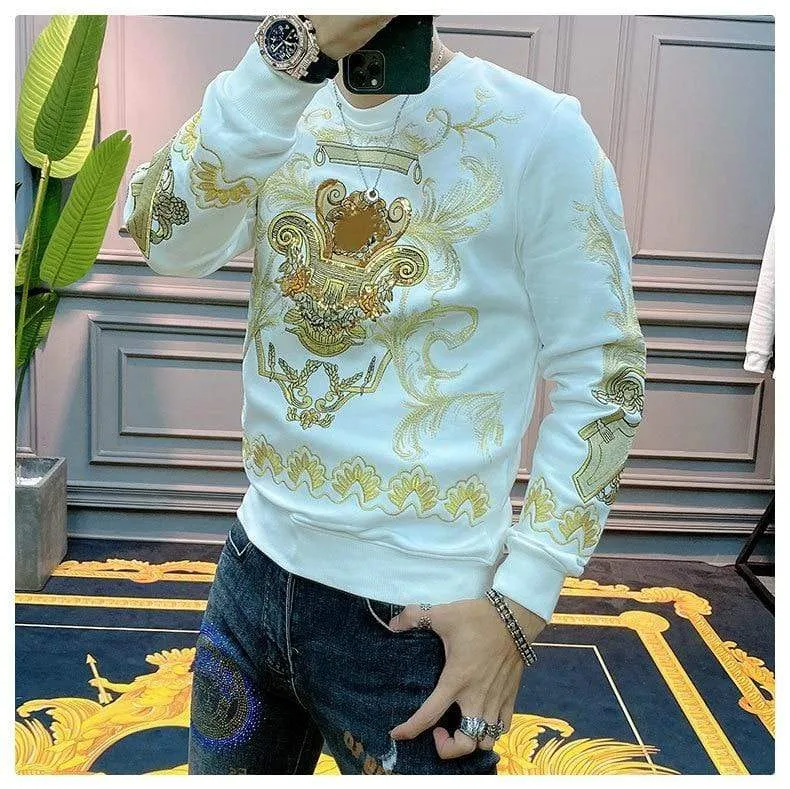Stickerei Sweat Homme für Männer Schwarz Gold Print Hoodie Männer Frühling Persönlichkeit Barock Streetwear Trend Sweatshirts Männer