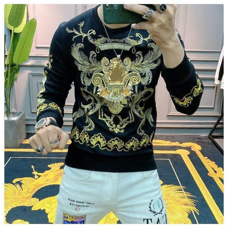 Stickerei Sweat Homme für Männer Schwarz Gold Print Hoodie Männer Frühling Persönlichkeit Barock Streetwear Trend Sweatshirts Männer