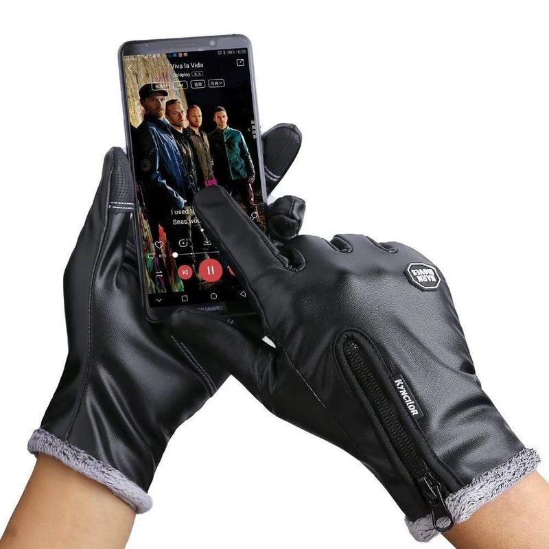 Herbst Winter Herren Touchscreen Lederhandschuhe Wasserdicht Damen Mode Cool Schwarz Samt Warm Outdoor Winddicht Rutschfeste Handschuhe