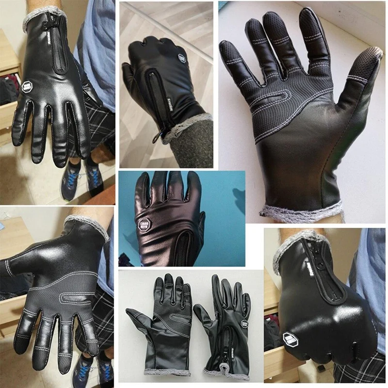 Herbst Winter Herren Touchscreen Lederhandschuhe Wasserdicht Damen Mode Cool Schwarz Samt Warm Outdoor Winddicht Rutschfeste Handschuhe