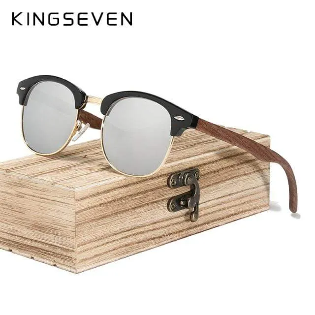 Handgemachte Sonnenbrille aus schwarzem Walnussholz im Retro-Modestil für Herren und Damen, 100 % polarisierte UV400-Gläser, halbrandlose Brille