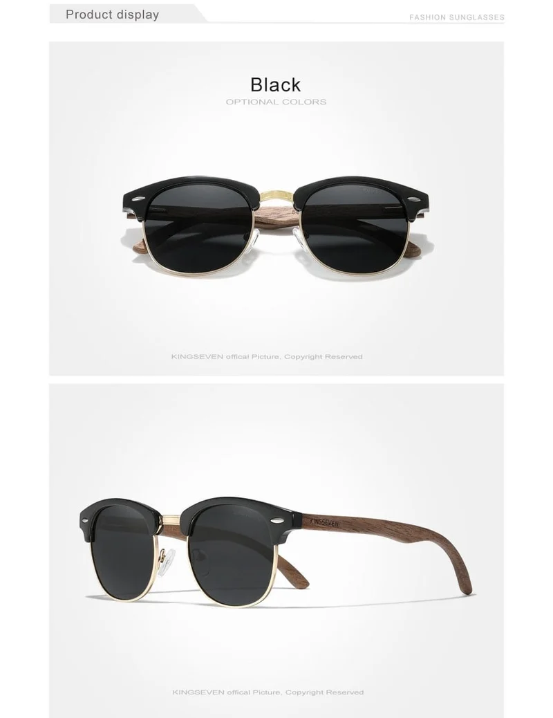 Handgemachte Sonnenbrille aus schwarzem Walnussholz im Retro-Modestil für Herren und Damen, 100 % polarisierte UV400-Gläser, halbrandlose Brille