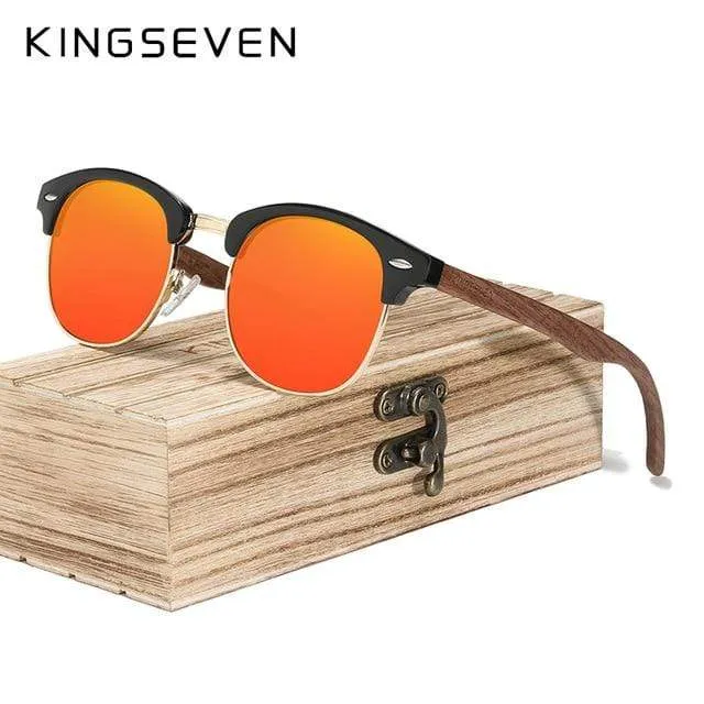 Handgemachte Sonnenbrille aus schwarzem Walnussholz im Retro-Modestil für Herren und Damen, 100 % polarisierte UV400-Gläser, halbrandlose Brille