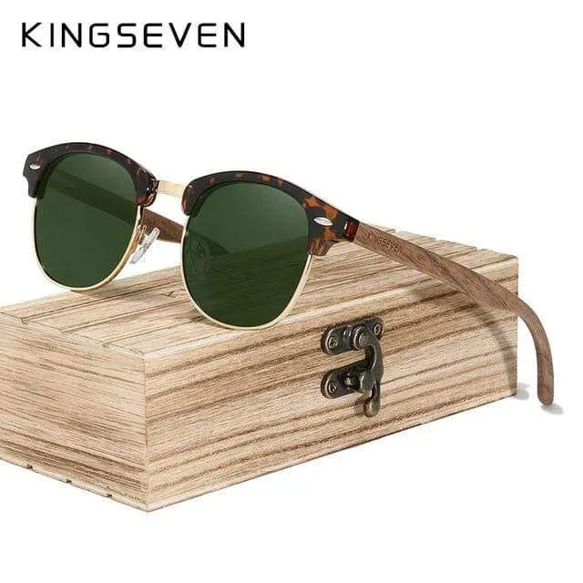 Handgemachte Sonnenbrille aus schwarzem Walnussholz im Retro-Modestil für Herren und Damen, 100 % polarisierte UV400-Gläser, halbrandlose Brille