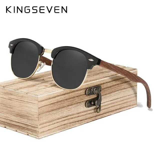 Handgemachte Sonnenbrille aus schwarzem Walnussholz im Retro-Modestil für Herren und Damen, 100 % polarisierte UV400-Gläser, halbrandlose Brille