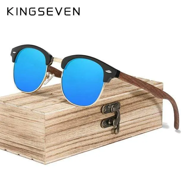 Handgemachte Sonnenbrille aus schwarzem Walnussholz im Retro-Modestil für Herren und Damen, 100 % polarisierte UV400-Gläser, halbrandlose Brille