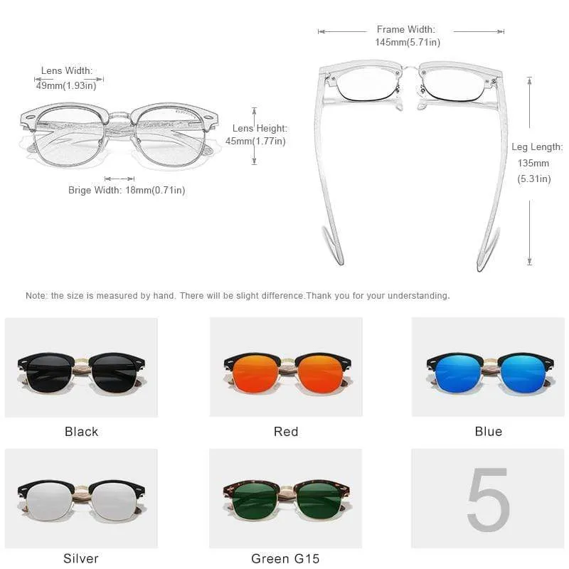 Handgemachte Sonnenbrille aus schwarzem Walnussholz im Retro-Modestil für Herren und Damen, 100 % polarisierte UV400-Gläser, halbrandlose Brille