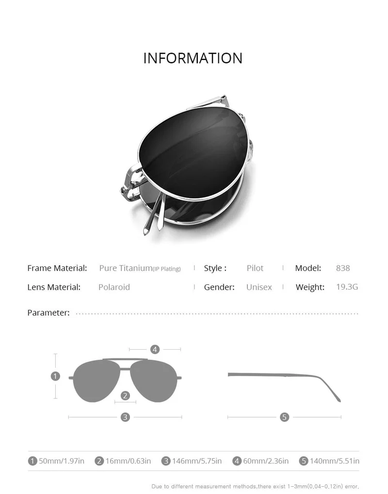 Polarisierte Sonnenbrille aus Titan für Herren, faltbar, klassische Luftfahrt-Sonnenbrille für Herren, Pilotenbrille, hochwertige Sonnenbrille für Herren, 838