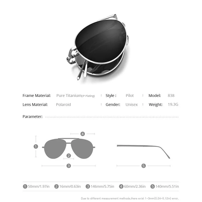 Polarisierte Sonnenbrille aus Titan für Herren, faltbar, klassische Luftfahrt-Sonnenbrille für Herren, Pilotenbrille, hochwertige Sonnenbrille für Herren, 838