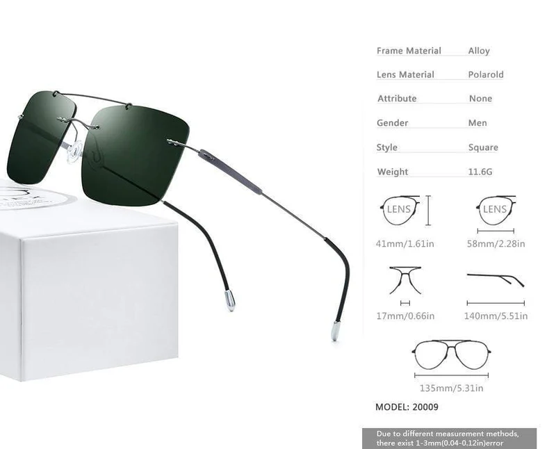 Randlose Sonnenbrille aus Titanlegierung TR90 für Herren, 2020, neue ultraleichte, schraubenlose, quadratische Sonnenbrille für Damen, polarisierte Sonnenbrille für Herren 20009