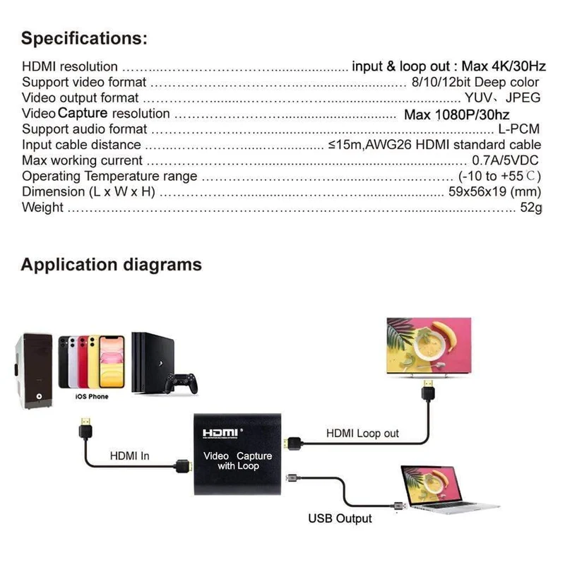 4K HDMI Video Capture Card 1080p Brettspiel Capture Card USB 2.0 Recorder Box Gerät für Live-Streaming Videoaufzeichnung Loop Out