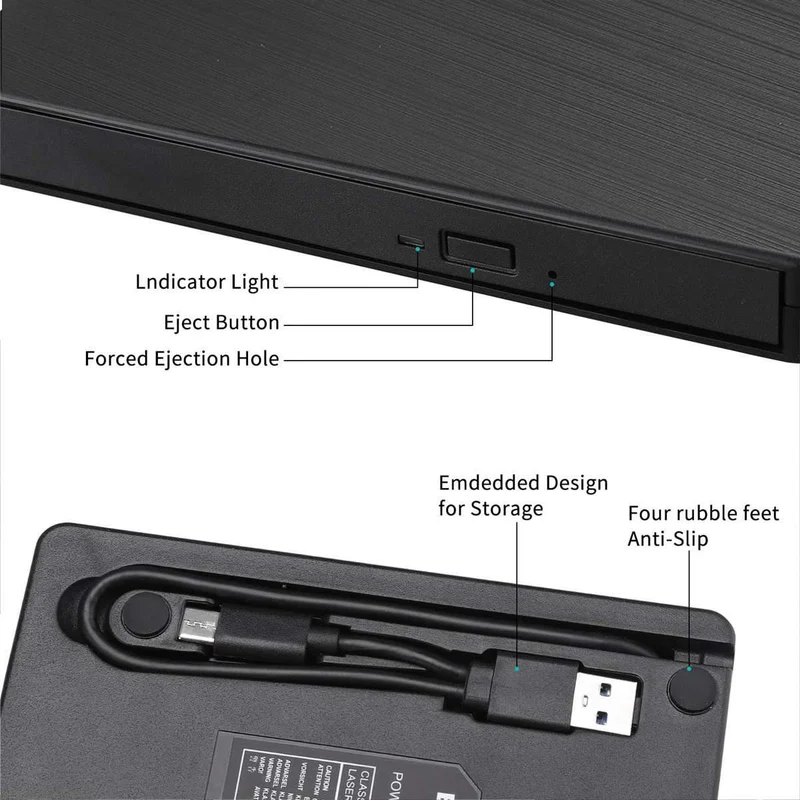 DVD-Laufwerk USB 3.0/Typ C Optisches Laufwerk tragbarer DVD RW CD-Brenner Unterstützt SD-Kartenleser für Macs Laptop Windows PC