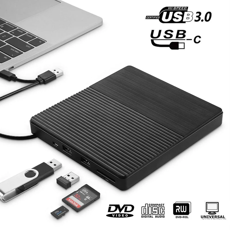 DVD-Laufwerk USB 3.0/Typ C Optisches Laufwerk tragbarer DVD RW CD-Brenner Unterstützt SD-Kartenleser für Macs Laptop Windows PC