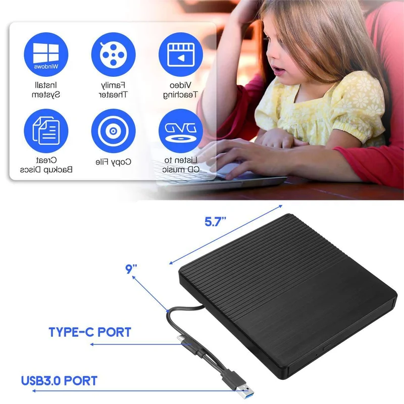 DVD-Laufwerk USB 3.0/Typ C Optisches Laufwerk tragbarer DVD RW CD-Brenner Unterstützt SD-Kartenleser für Macs Laptop Windows PC