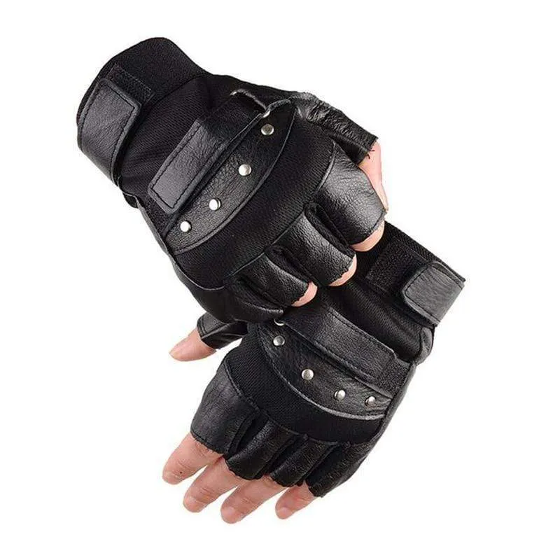 Herren Armee Militärische Taktische Halbfinger Leder Fitness Handschuhe Fahrrad Sport Handschuhe Gym Übung Männer Schwarz Nieten Punk Handschuhe G135