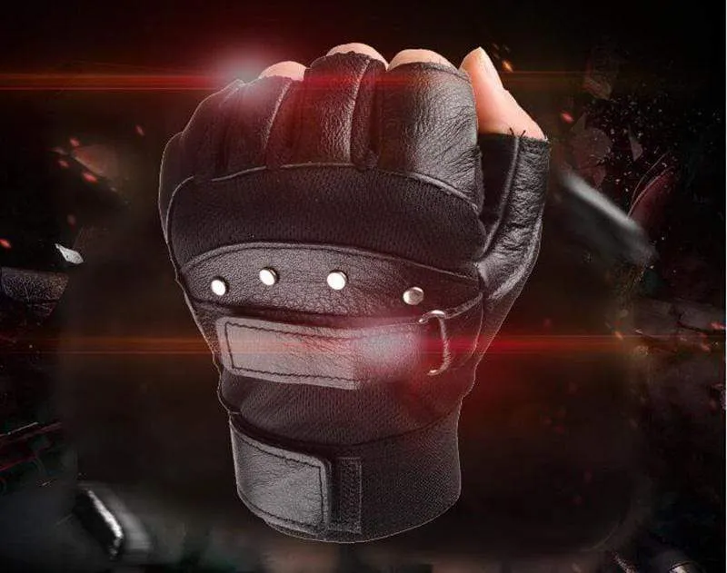 Herren Armee Militärische Taktische Halbfinger Leder Fitness Handschuhe Fahrrad Sport Handschuhe Gym Übung Männer Schwarz Nieten Punk Handschuhe G135
