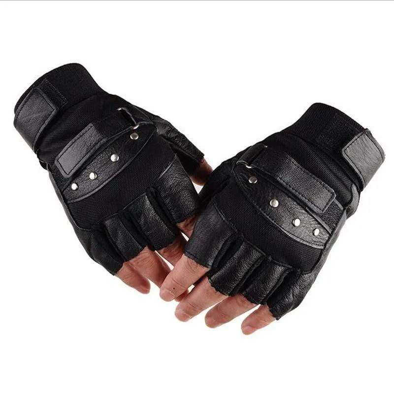 Herren Armee Militärische Taktische Halbfinger Leder Fitness Handschuhe Fahrrad Sport Handschuhe Gym Übung Männer Schwarz Nieten Punk Handschuhe G135