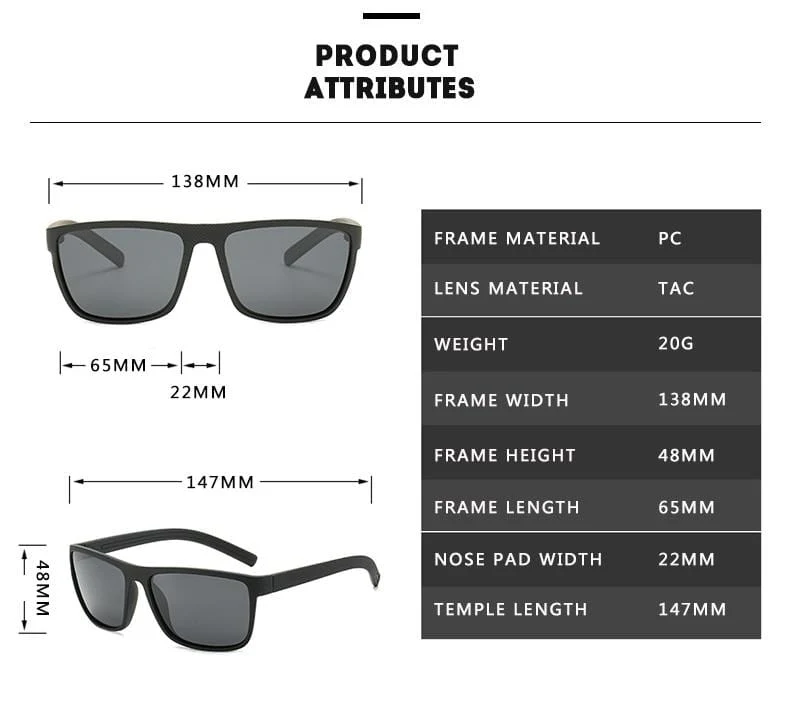 Polarisierte Sonnenbrille für Männer Kunststoff Oculos de Sol Herrenmode Square Driving Eyewear Travel Sun Glass